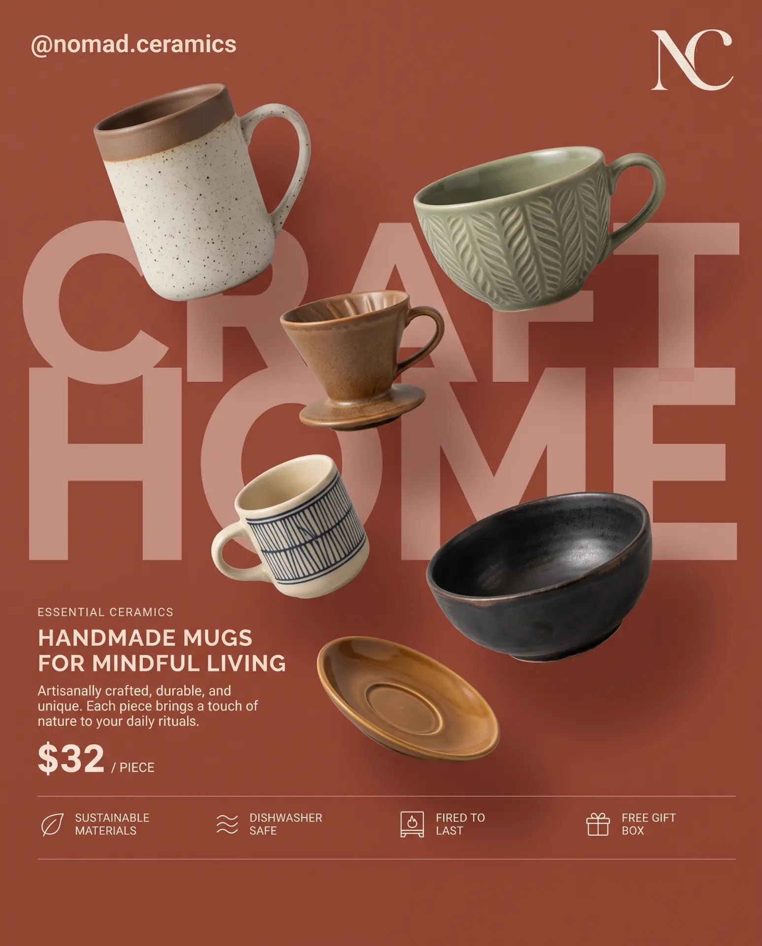 Example generated ad — Handmade mugs for mindful living.